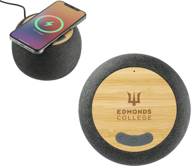 Edmonds College Garm Fabric & Bamboo Speaker with Wireless Charging Edmonds College Wordmark Engraved - ONLINE ONLY